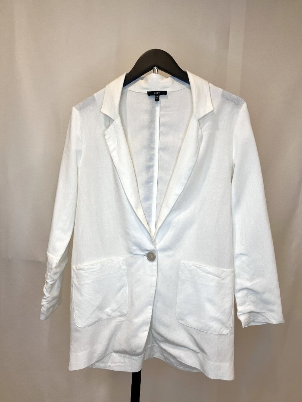 'DREW' White Linen Blend Ruched Sleeve One-Button Blazer XS